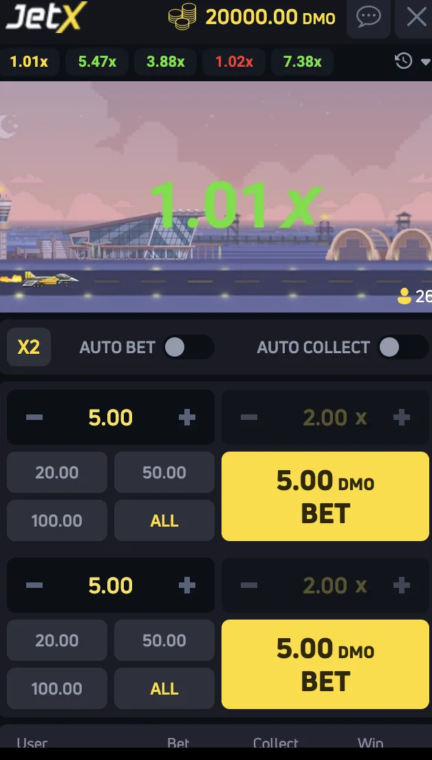 JetX Aeroplane Betting Game gameplay screen displaying a plane taking off with a current multiplier of 1.01x, alongside betting options, auto bet and auto collect toggles, and a balance of 20,000 DMO.