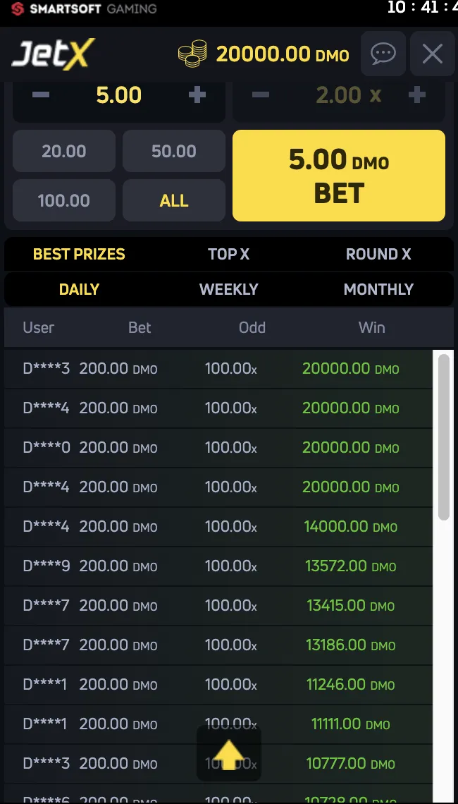 JetX Aeroplane Betting Game interface showing a leaderboard with daily top prizes, bet amounts, odds, and winnings, highlighting a user with a 100x multiplier and a win of 20,000 DMO.