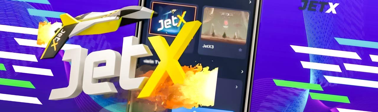 Promotional banner for JetX featuring a yellow and black airplane flying out of a smartphone screen, with the JetX logo prominently displayed and game options visible on the phone interface.