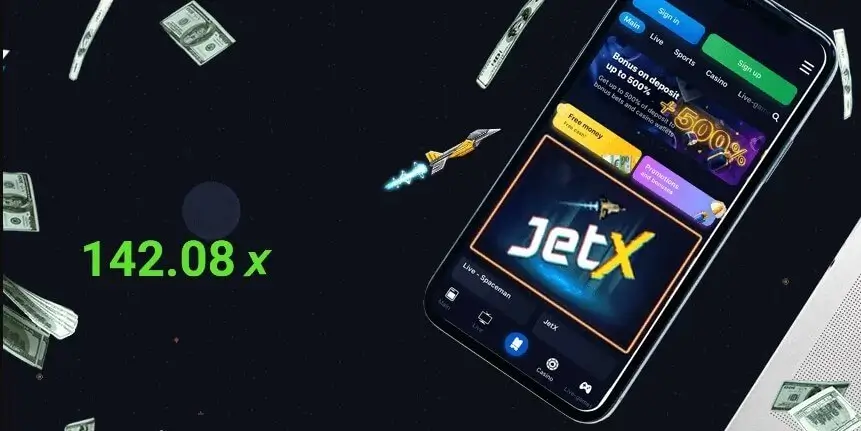 JetX mobile interface showcasing a multiplier of 142.08x in the Aeroplane Betting Game, surrounded by flying dollar bills, with promotional banners for bonuses and casino games visible on the screen.